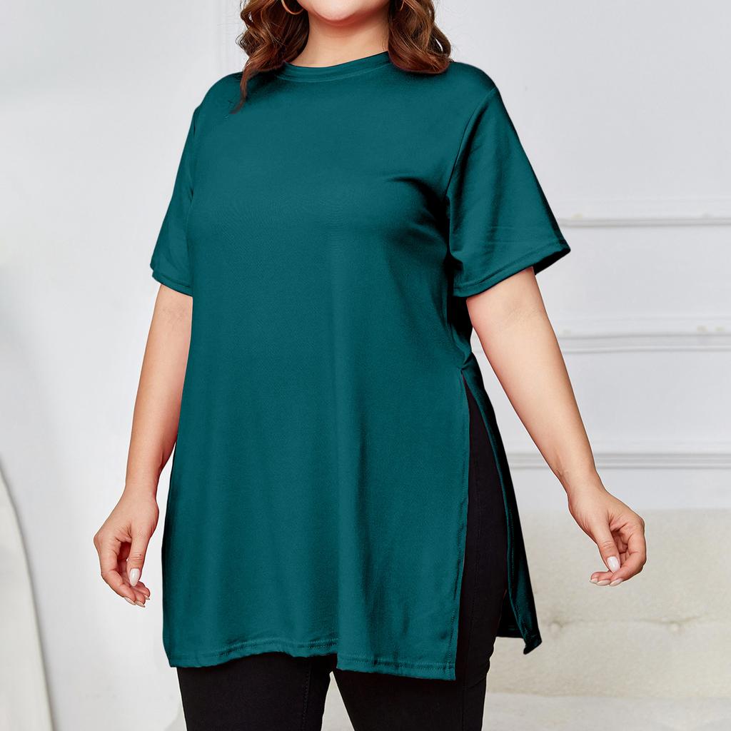 Women's Plus Size Slit Long T,shirt Round Neck Casual Loose Short Sleeved Top