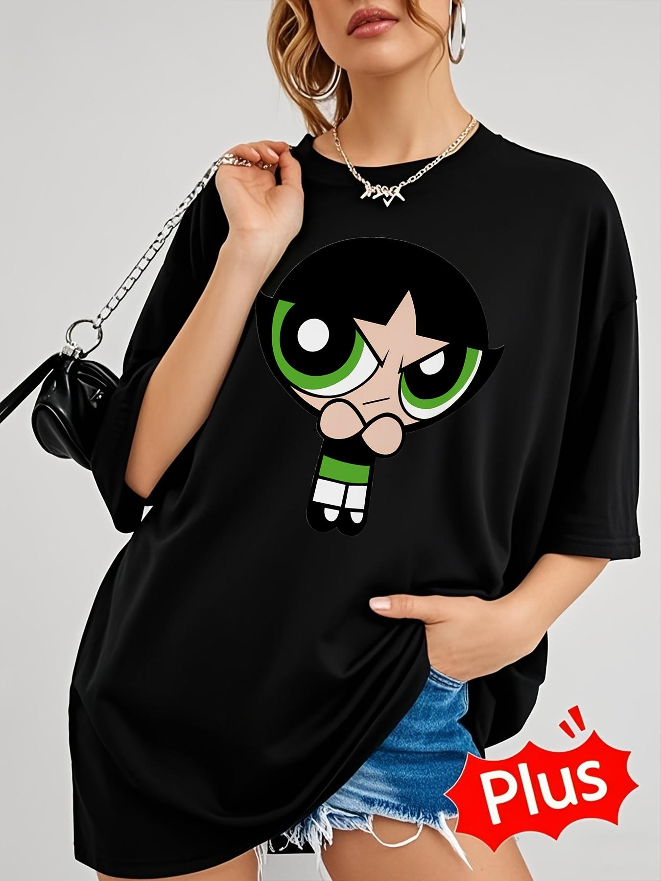 

European size , THE POWERPUFF Women s Graphic T-Shirt, Casual Short Sleeve Round Neck Tee, Machine Washable 4XL чорний