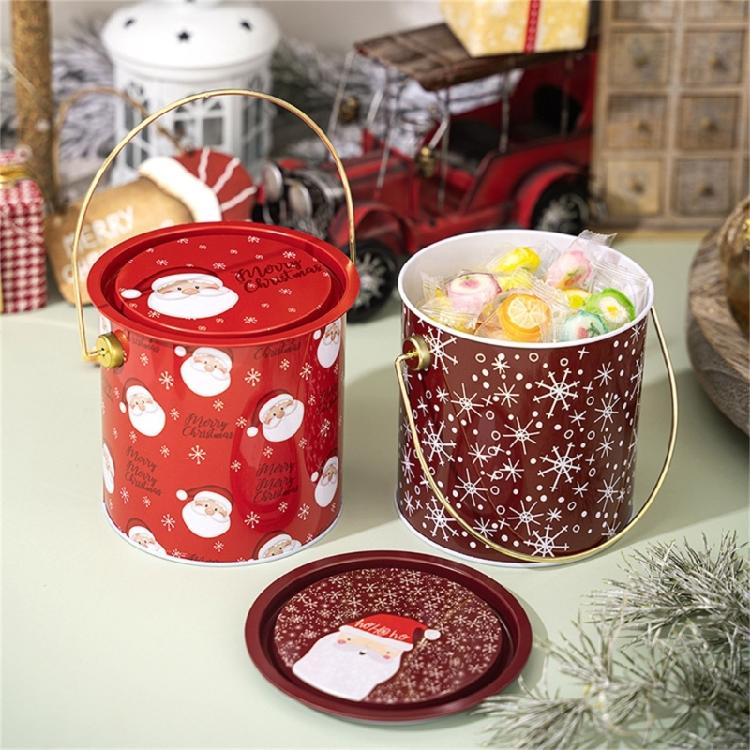 2pcs Decorative Christmas Candy Boxes Handheld Round Bucket Portable Sweets Tins with Handle for Family Gathering