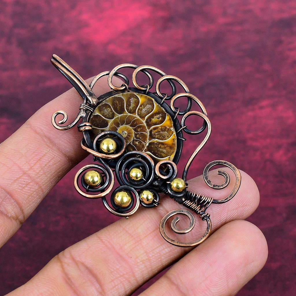 Ammonite Fossil Pendant Copper Wire Wrapped Jewelry Gemstone Handmade Pendant