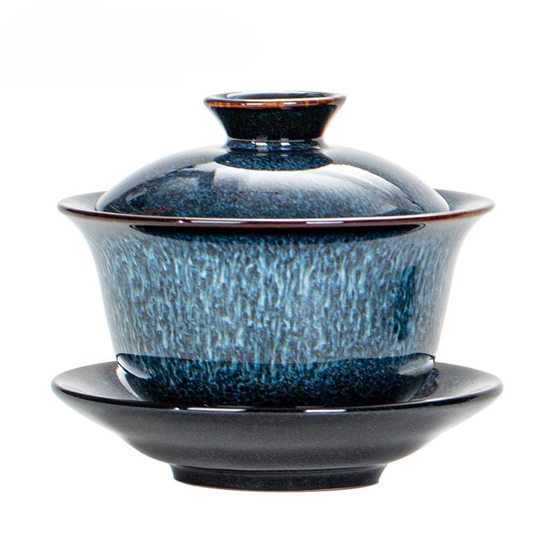 Large Kiln-fired Jianzhan Tenmoku Glaze Gaiwan Tea Cup with Lid - Ceramic Gongfu Tea Set for Home Use