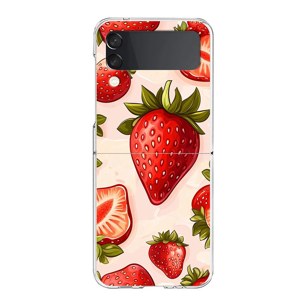 Transparent Phone Case For Samsung Galaxy Z Flip 3 4 5 6 7 Hard Folding PC Z Flip3 Flip4 Cover Summer Strawberry Flowers Print
