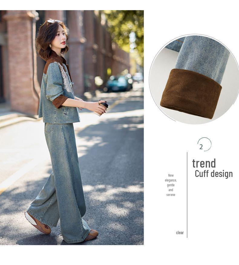 2026 Spring/Autumn Women's Lace Patchwork Denim Suit with Frog Buttons - Stylish Two-Piece Set