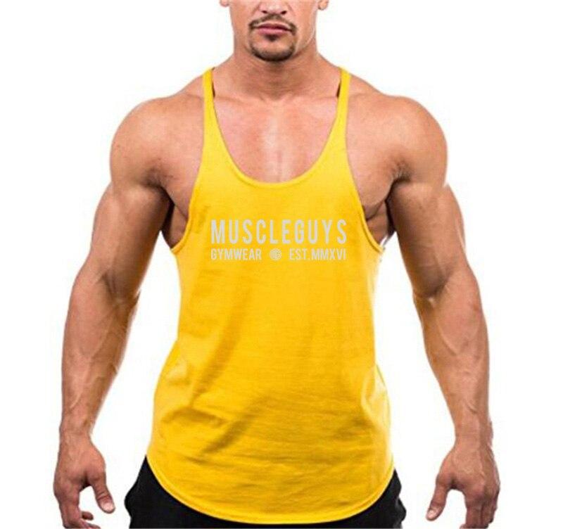 

Muscleguys Мужской Y-образный жилет для бодибилдинга и фитнеса, свободная дышащая впитывающая пот тренировочная футболка без рукавов L жёлтый