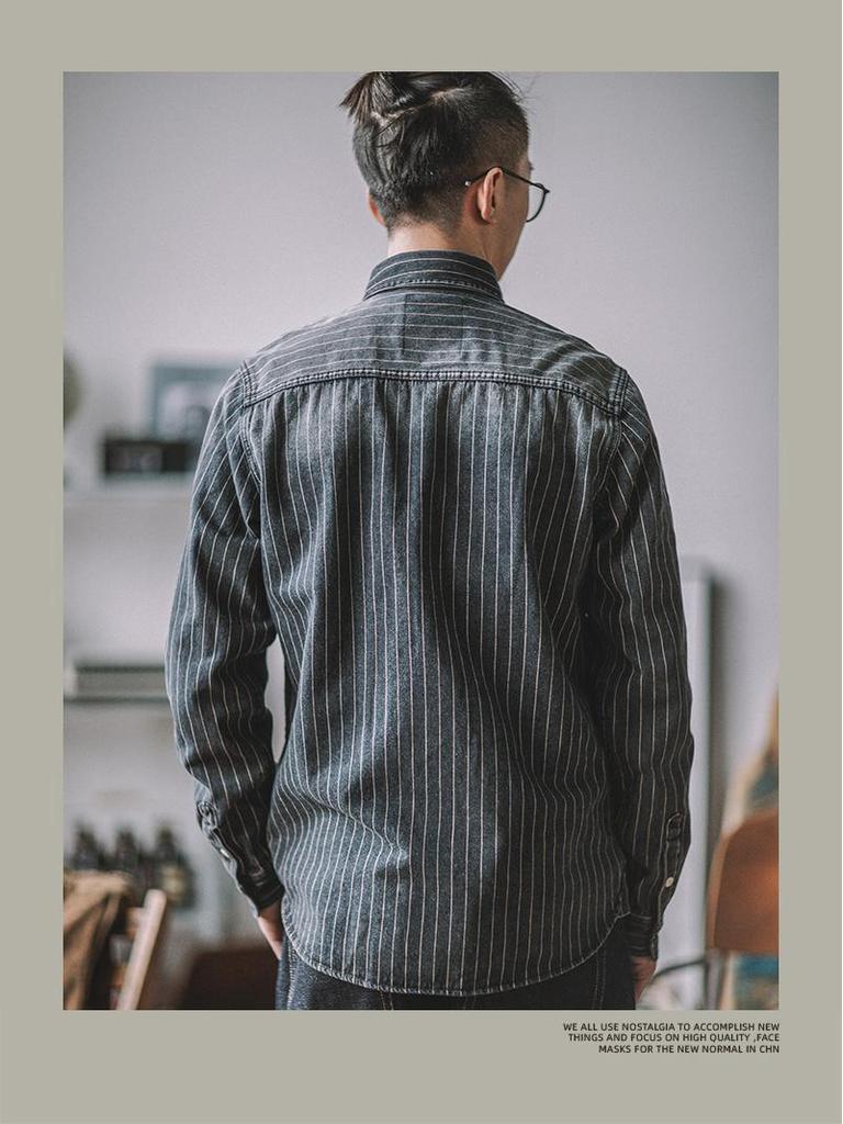 Herren Distressed Khaki Gestreiftes Denim Workwear Hemd