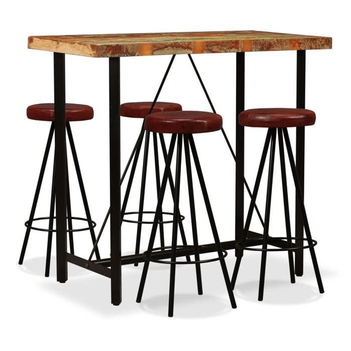 VidaXL Ensemble de Bar 5 pcs Bois Massif Recyclé et Cuir Véritable Tabourets 275142