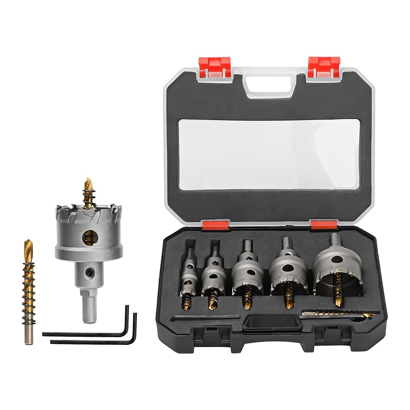 6Pcs TCT Hole Saw Kit, Triangular Shank Metal Steel Hole Saw Drill Bits, Upgrade Heavy Duty Carbide Hole Cutter with a Center Drill & 2Pcs L-Wrench,