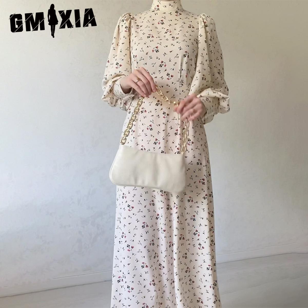 

GMXIA Осеннее нежное свободное платье с цветочным принтом на шнуровке и юбкой с длинными рукавами S