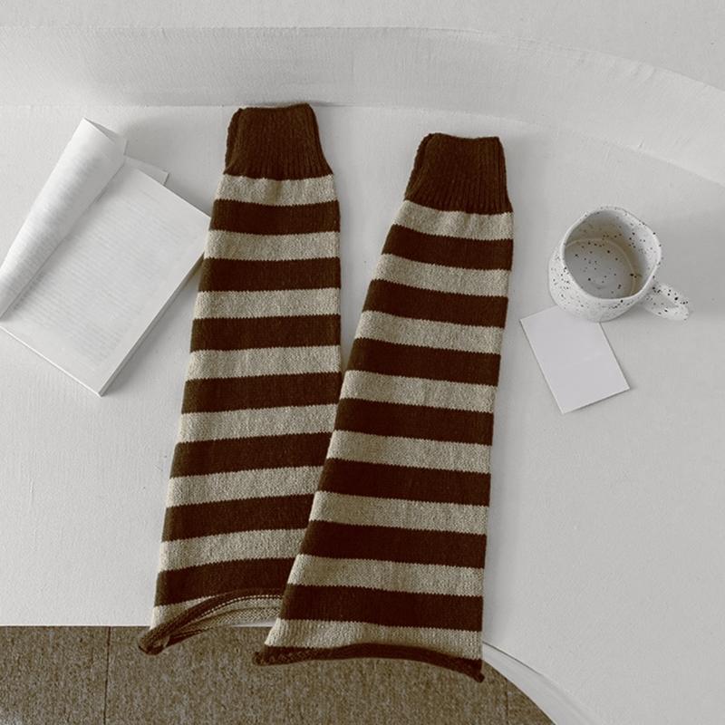Punk Styles Japanese Harajuku Knitted Striped Flared Leg Warmers and Thigh High Long Socks Set for Women Teen Streetwear