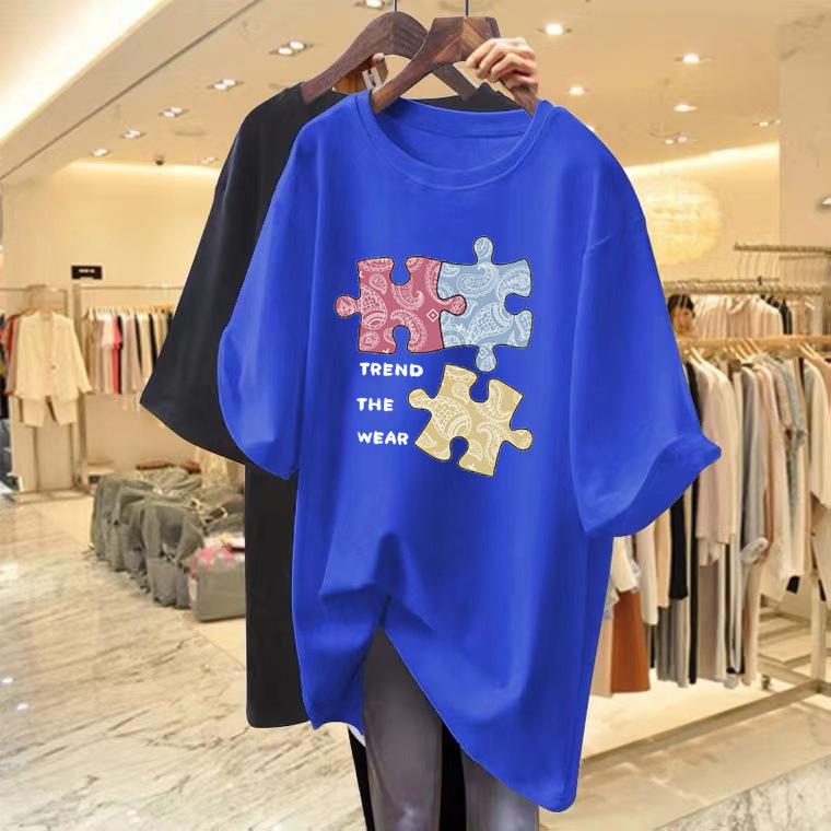 Cartoon puzzle letter printing short-sleeved t-shirt women's summer 2025 new loose casual versatile crew neck thin top