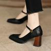 Fashion Comemore Fashion Women's Square Toe Pumps Chunky High Heels Beltt Buckle Heels for Women Vintage Splicing Retro Mary Jane Shoes