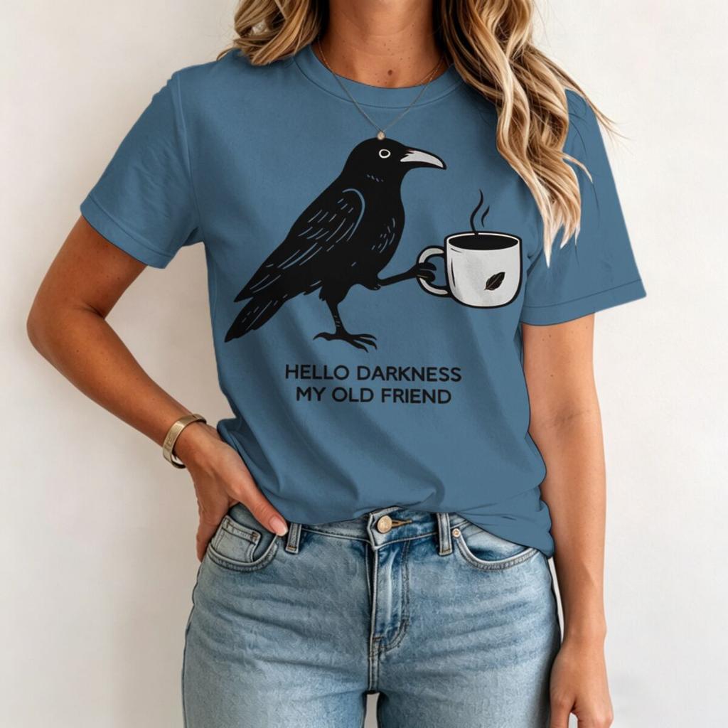 Hallo Dunkelheit Mein Alter Freund Krähe Rabe Kaffee Dunkler Humor Gothic Grafik T-Shirt Kurzarm Unisex Unisex T-Shirts