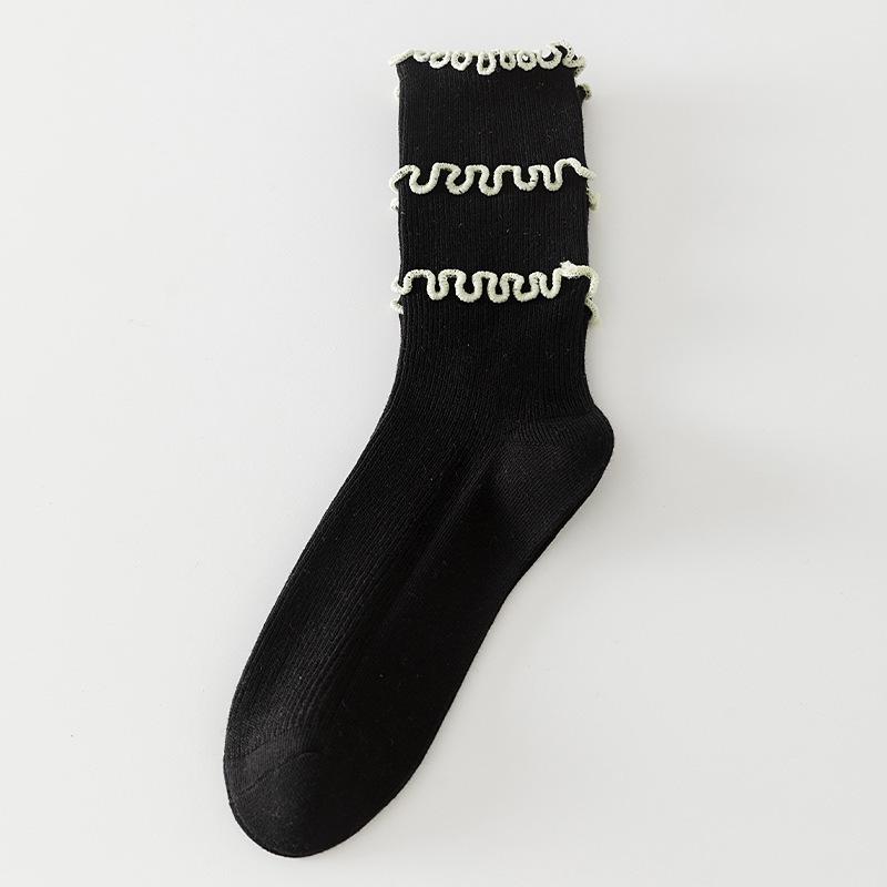 Women's Retro Lace Scrunch Mid-Calf Socks – Breathable, Sweat-Absorbent Combed Cotton with Frilly Edges, Korean Double Rib Style