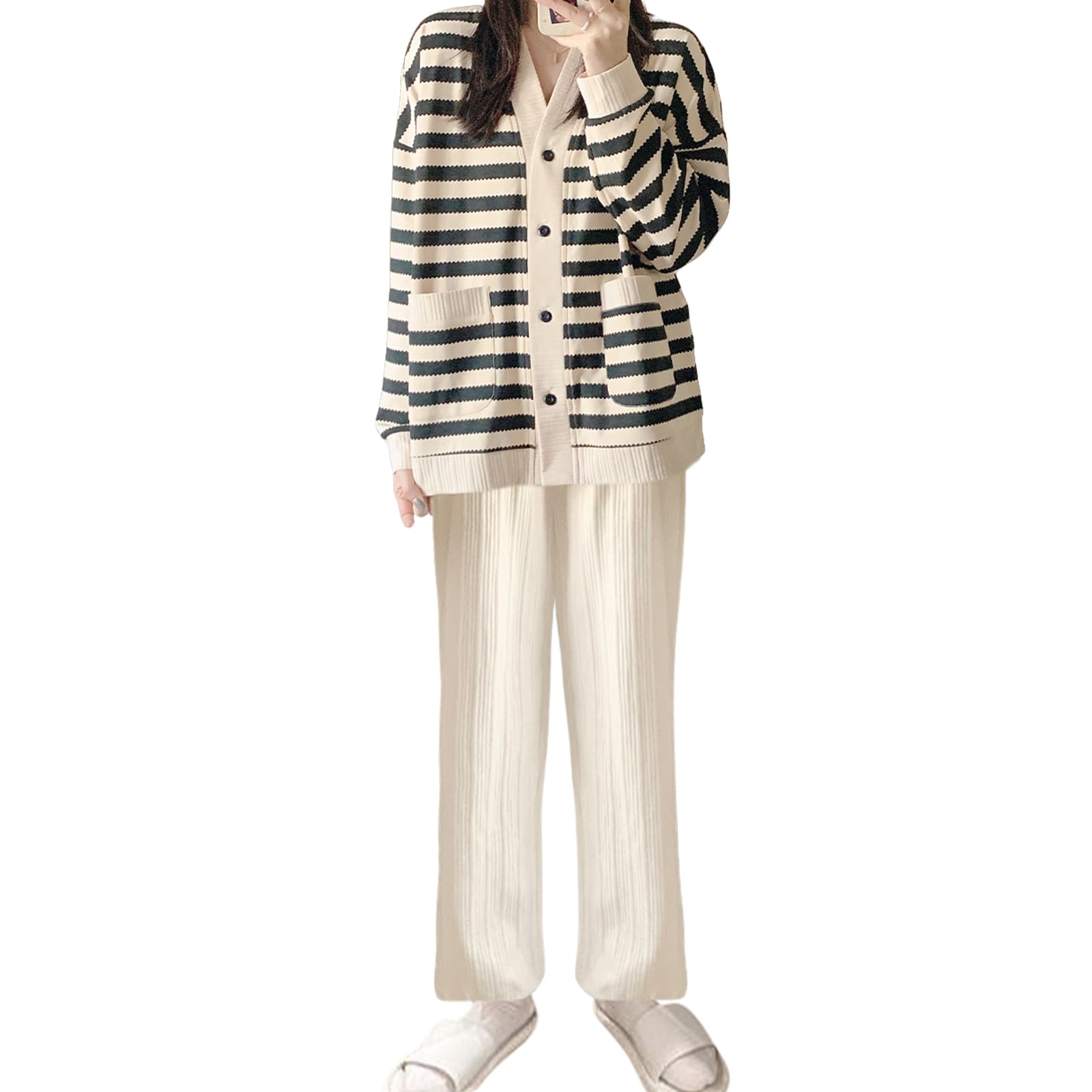 

домашняя одежда длинный верх и низ широкий перед милый полосатый пот милая домашняя одежда для осени и зимы [GlamollaMisse] Женская пижама, комплект, рукава, комплект,