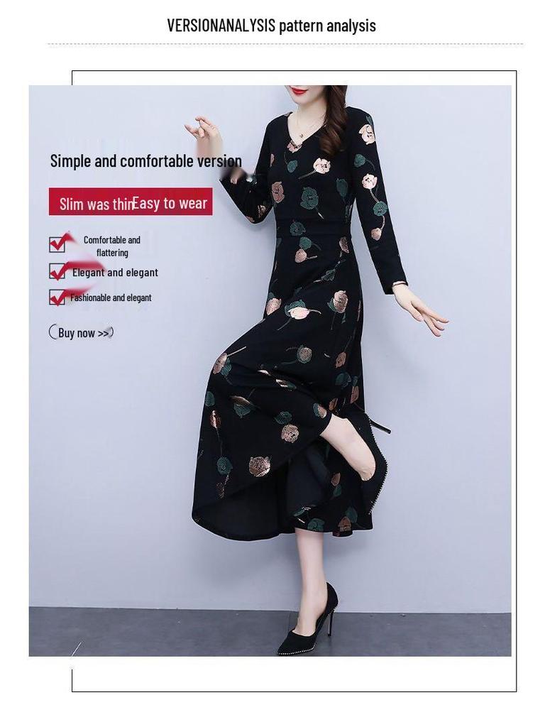 Spring & Fall V-Neck A-Line Dress for Middle-aged Women: Mid-length, Printed, Waist-cinching, Wide Hem