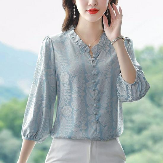 Women's Satin Three-Quarter Sleeve Ruffled V-Neck Top - French Style, Spring Collection, Flattering Fit
