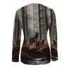 Elegant Casual Comfortable Style Women's Top Drawing Wolf Element Print Pattern, Crew Neck, Zipper Long Sleeve