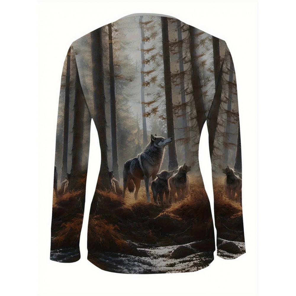 Elegant Casual Comfortable Style Women's Top Drawing Wolf Element Print Pattern, Crew Neck, Zipper Long Sleeve
