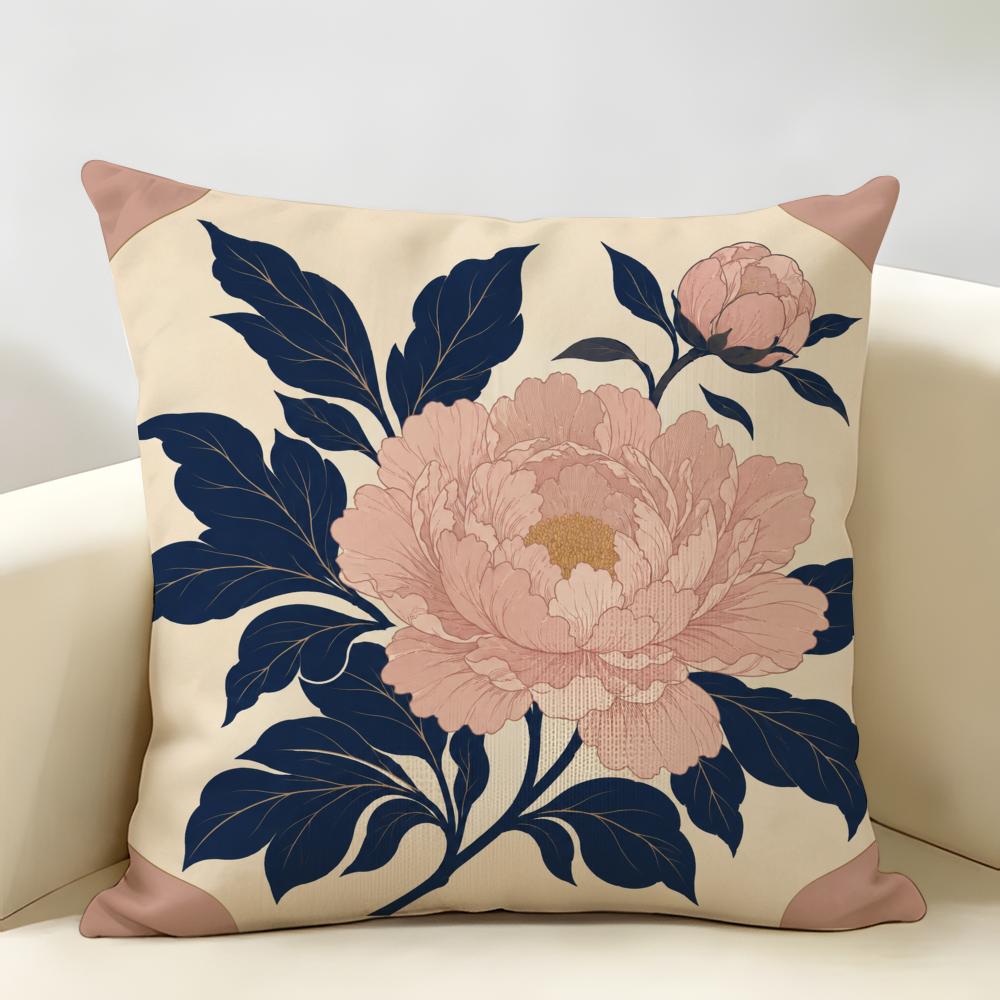 Vintage Oriental Botanical Floral Cushion Cover Durable Hypoallergenic Organic Linen Short Pillow Cover Washable