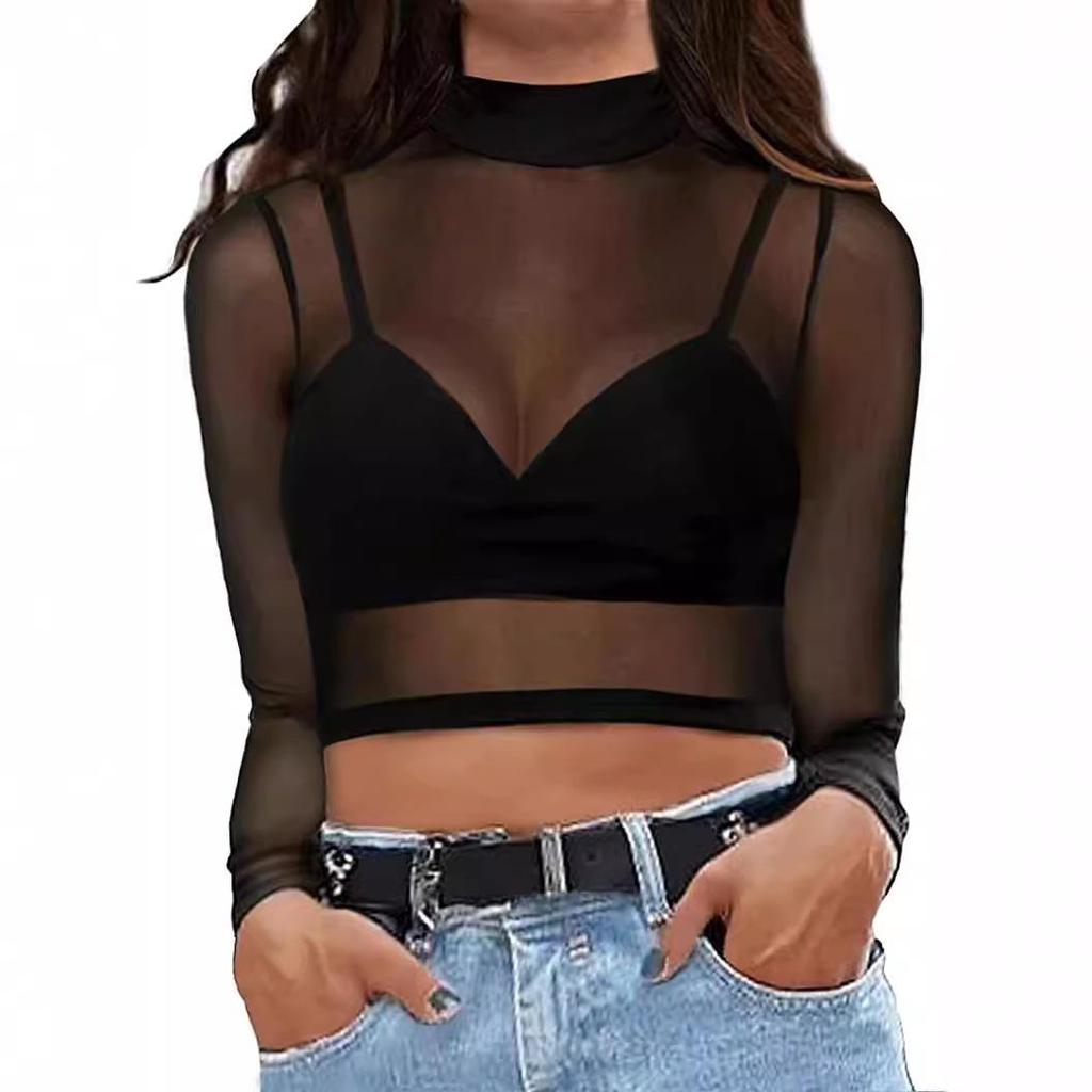 Dámský průsvitný síťovaný crop top s dlouhým rukávem