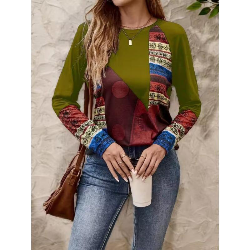 Autumn Women's T-Shirt Casual Long Sleeve Stripe Pattern Print Street O Neck Female Oversized Clothing Outdoor Vintage T Shirts