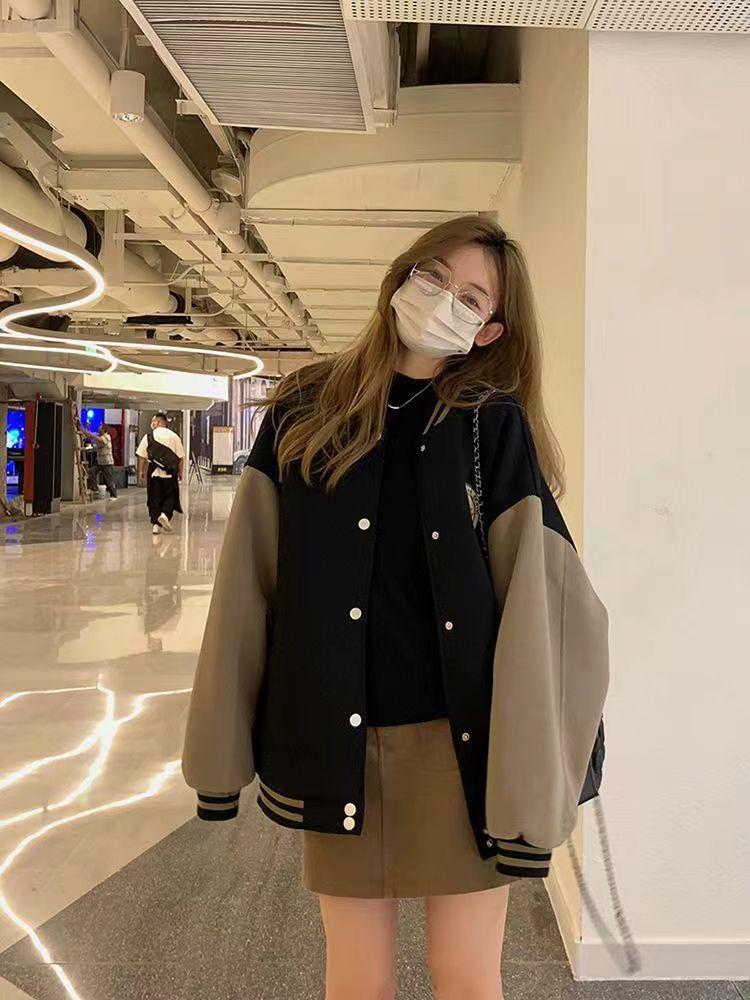 Women's 2023 Autumn Loose Color Block Baseball Jacket - Trendy, Versatile, Casual Top