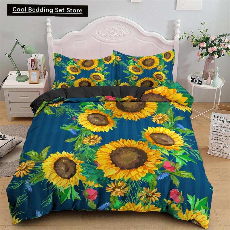 3D Sunflower King Queen Duvet Cover Yellow Flowers Bedding Set  Floral Green Leaves Comforter Cover 2/3pcs Polyester Quilt Cover