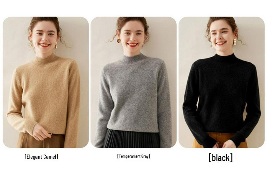 Women's Slim-Fit Half-High Neck Warm Cashmere Knitted Sweater Pullover - Versatile Autumn/Winter Wear
