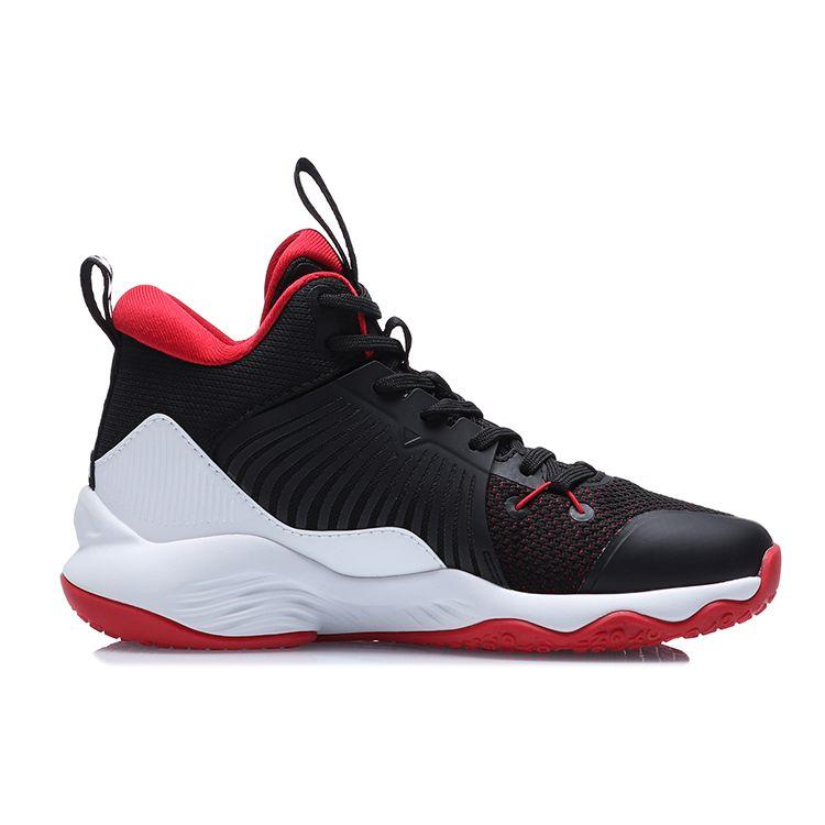 Li Ning Youth Non-Slip Shock Absorbing Wear-Resistant Breathable Mid-Top Basketball Shoes Kids Basketball Shoes Black Red YKBQ068-1