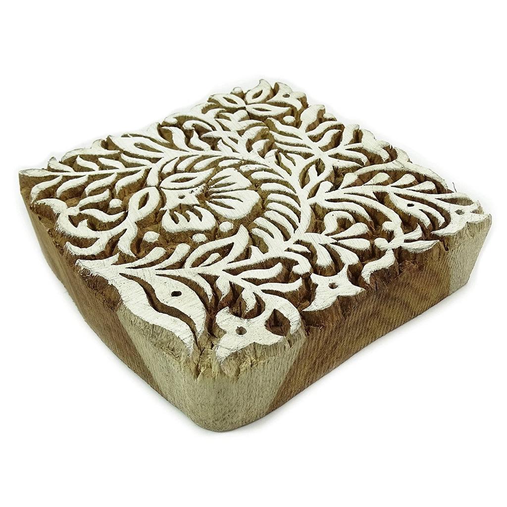 Hand Craved Printing Block Textile Stamp Indian Wood Stamps Floral Brown