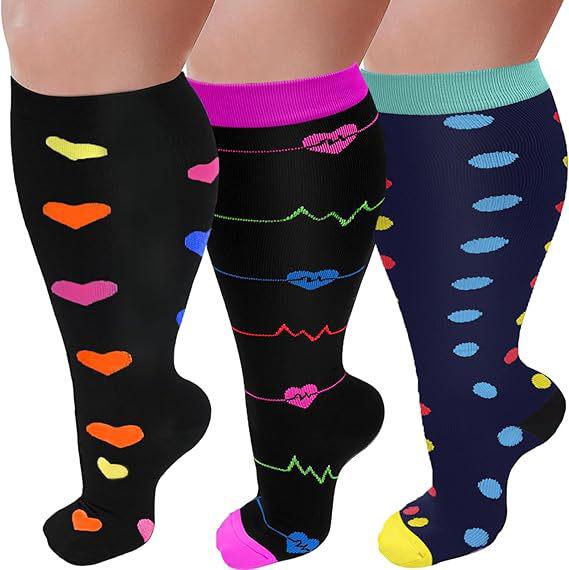 Three-Pair Pack Plus Size Knee-High Compression Socks for Wide Calf - Extra Large Support & Circulation Pressure Socks