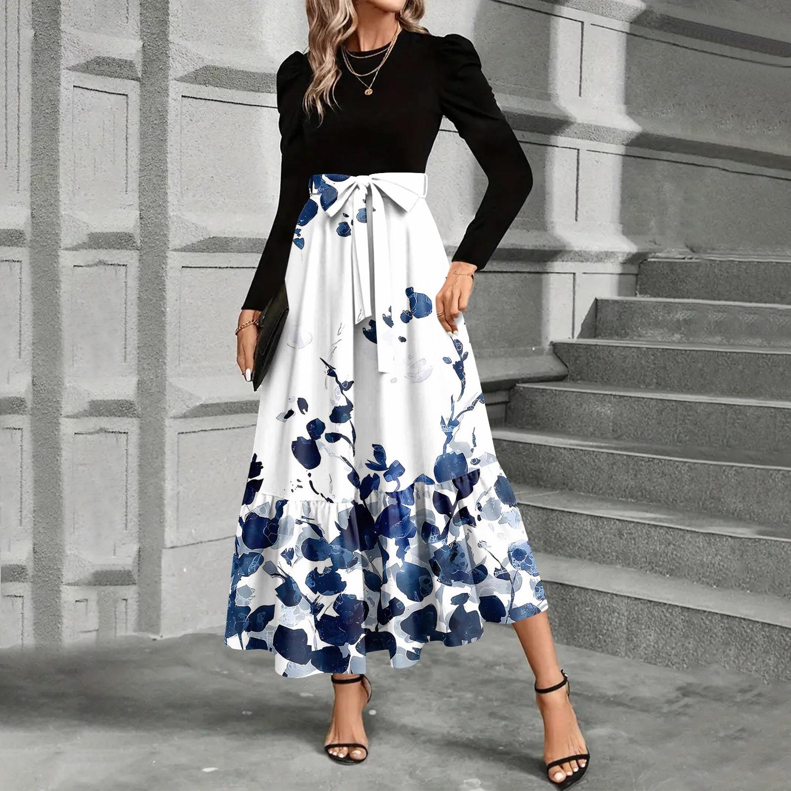 

Women s Floral Print High Waist Fashionable And Elegant Dress L синій