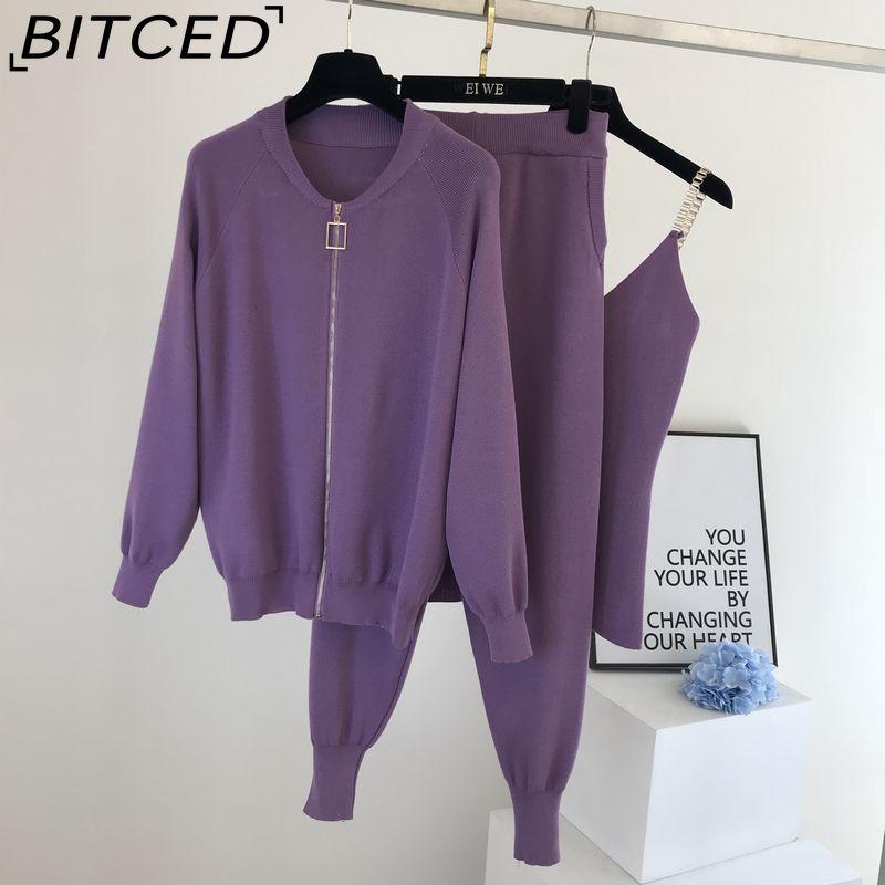 BITCED Women's Vest Knitted Jacket + Small Leg Elastic Pants Three-piece Set