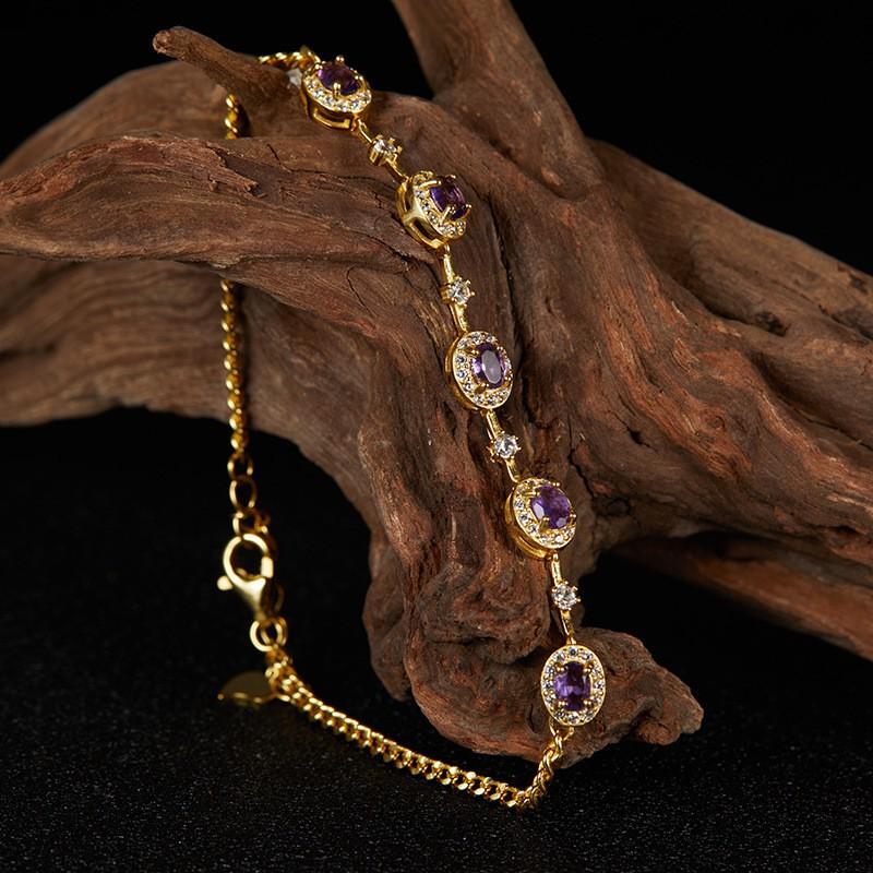 Sterling Natural Gemstone Bracelet Women Geometric Oval Design Fashion OL Style Natural Amethyst 3x4mm Bracelet, Gold Plated