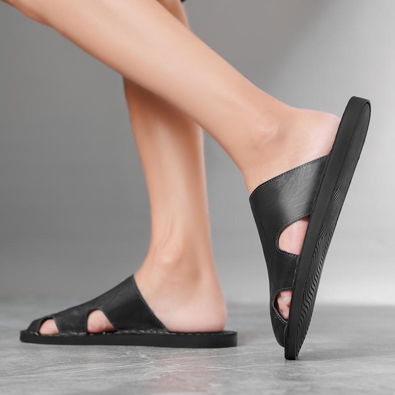 Men Slippers Handmade Simple Flats Brown Leather Sandals Black Summer Roman Sandals Closed Toe Beach Shoes Plus Size