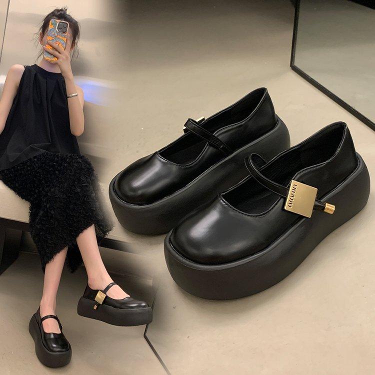 Fekete vastag alsó Mary Jane cipők női nyári kerek fejű retro magasító, sekély szájú cipők