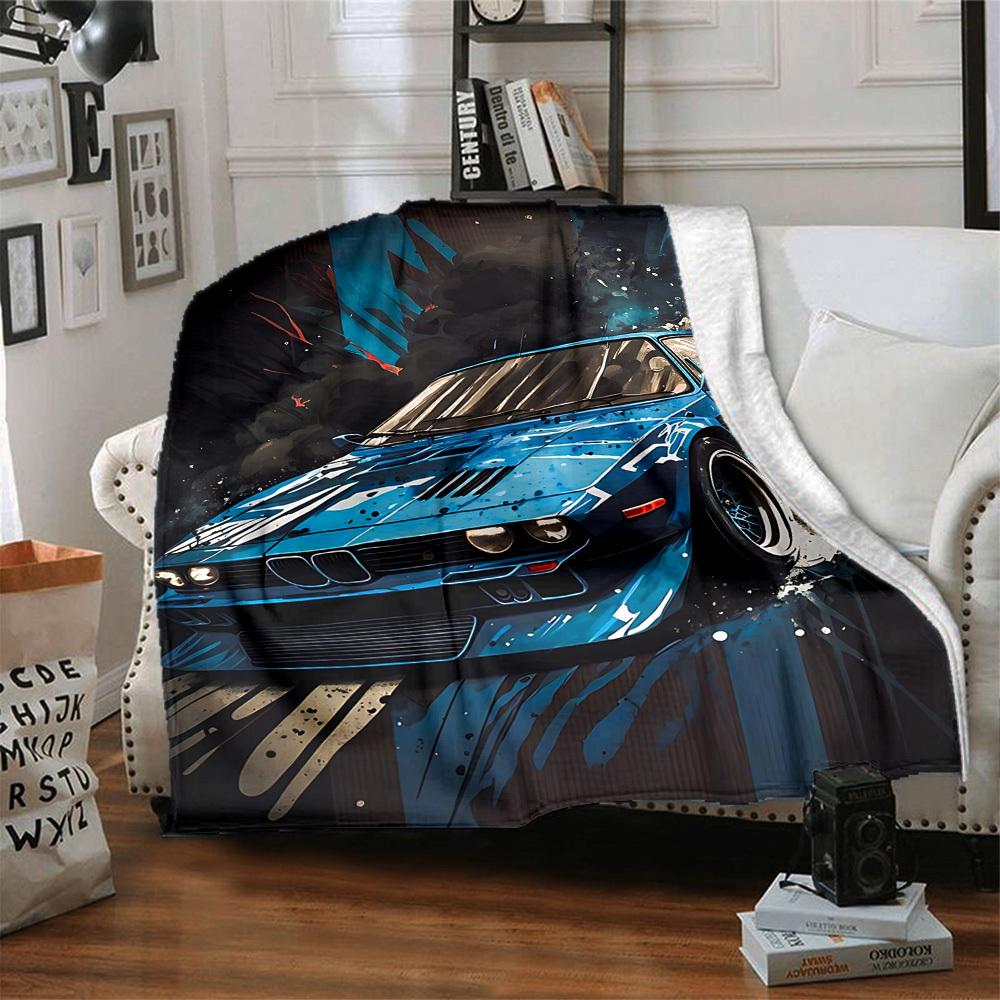 1PC Blue Car Art Blanket, Throw For Sofa, Bed, Travel, Camping, Livingroom,