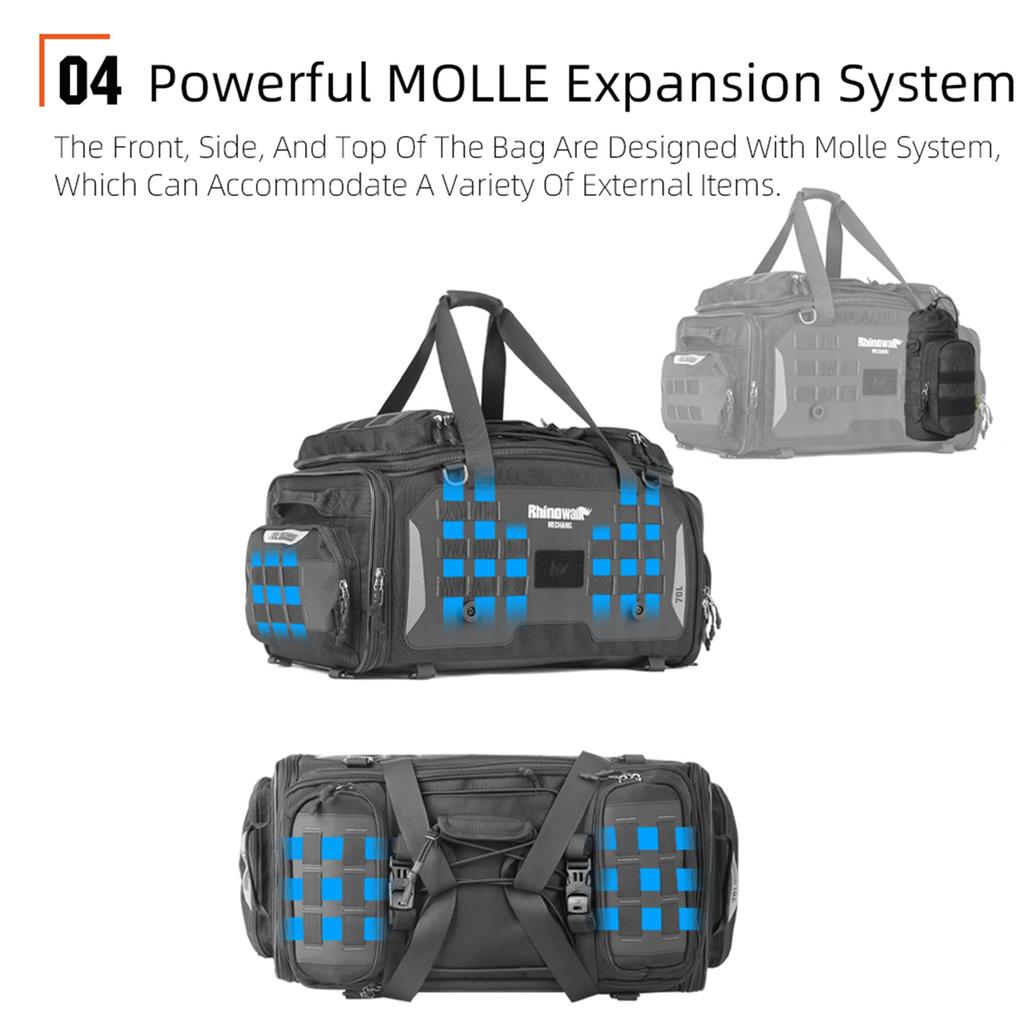 Rhinowalk Motorcycle Travel Luggage Waterproof Luggage Expandable Motorcycle Tail 70L MOLLE System Trunk Rack Bag with Sissy Bar Straps Black Bag,