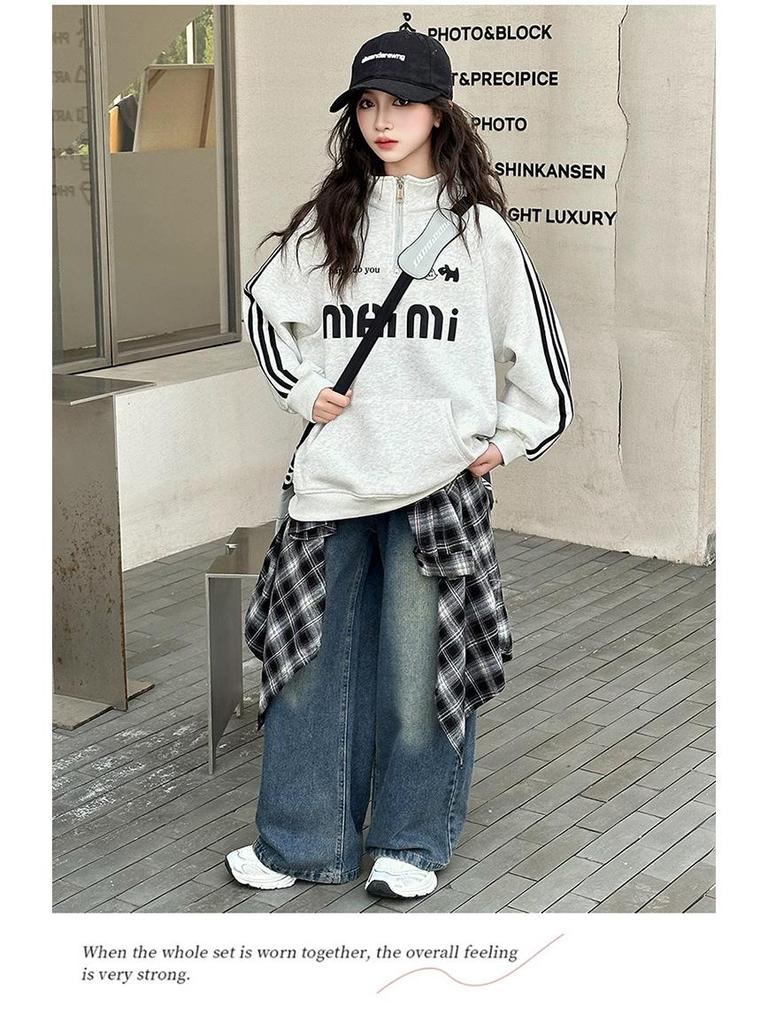 Trendy 2025 Girls' Autumn Sweatshirt & Jeans Set - Fashionable Two-Piece for Older Kids