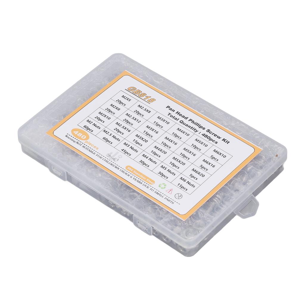480PCS Screw Kit Pan Head Cross 304 Stainless Steel Screw Nut Washer Assortment Kit M2 M2.5 M3 M4