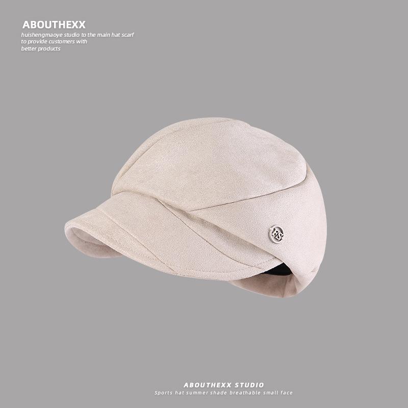 New Retro Pleated Hat Women's Autumn and Winter Beret Big Head Circumference Showing Face Small Newsboy Hat Octagonal Painter Hat