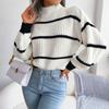 Striped Half High Collar Sweater Lantern Sleeve Knitted Pullover Women's Casual Top Thickened Warm Comfortable Autumn and Winter