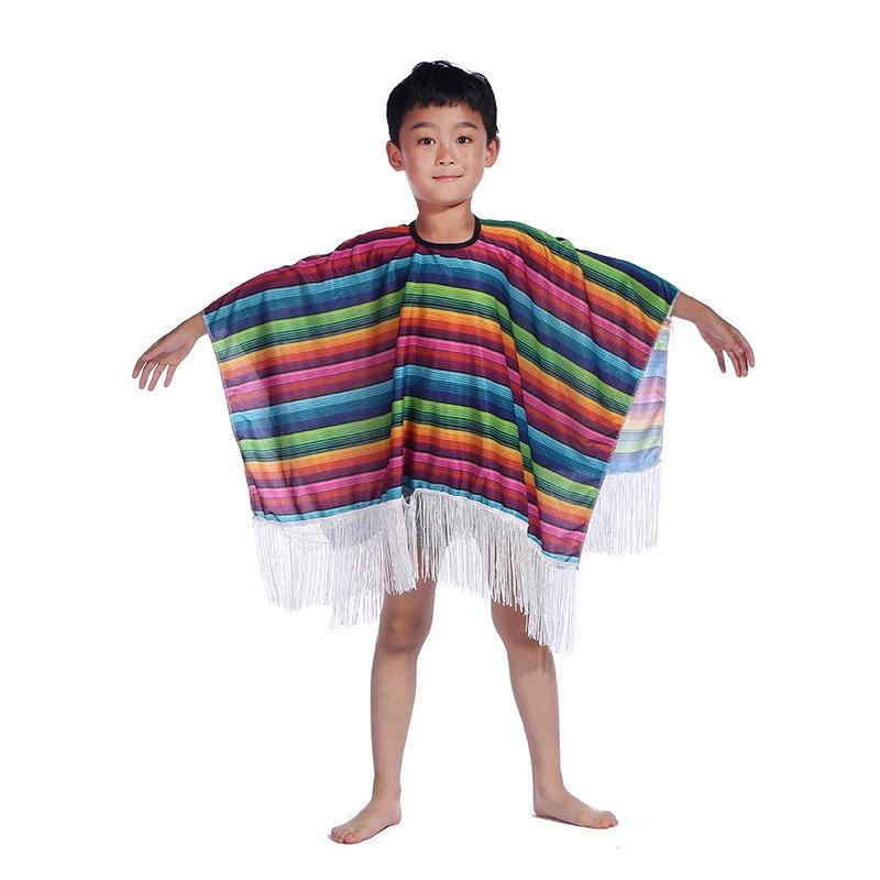 Retro Mexicaanse Poncho Sjaal Mannen Vrouwen Kostuum Cosplay Mantel Festival Feest Etnische Streep Kleurrijke Wijde Poncho Voor Volwassenen Kinderen One Size gray