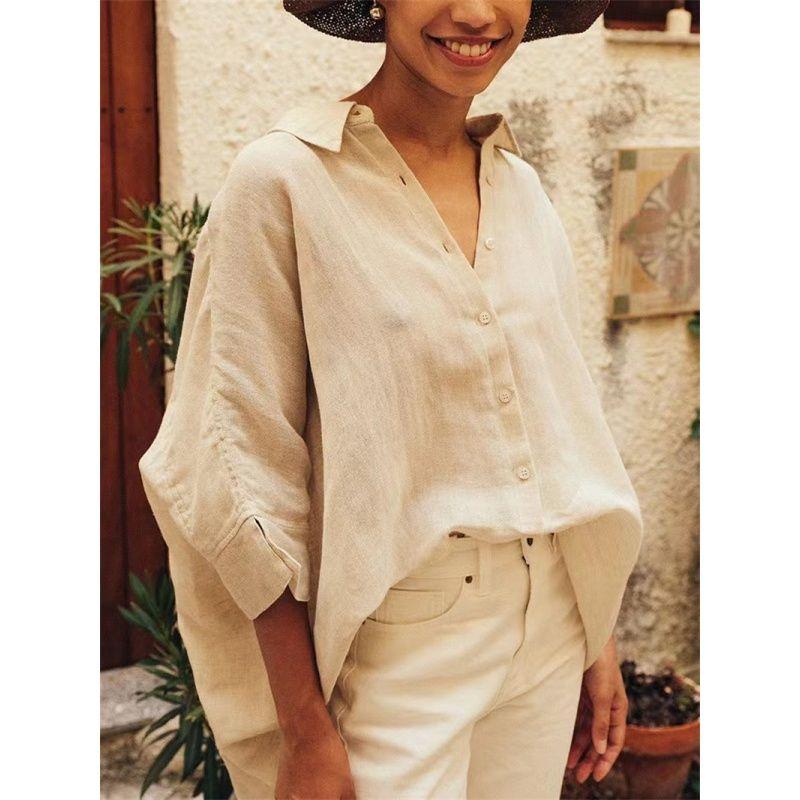 

M-4XL Women Cotton Blouse plus Size Ladies Tops Plus Size Casual Shirt Khaki 3XL