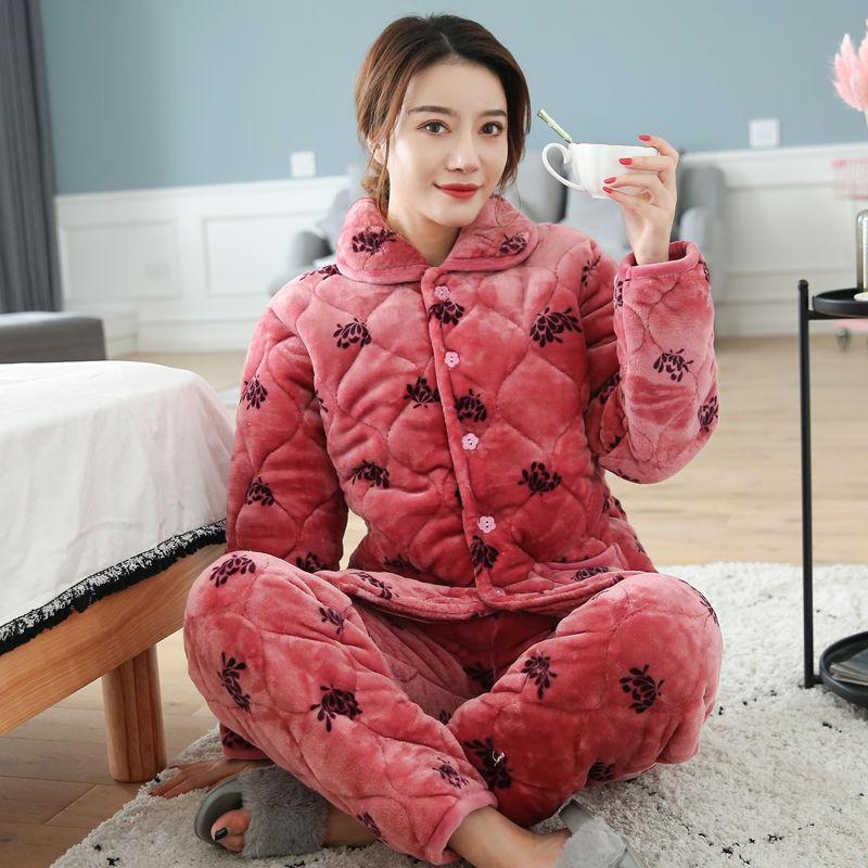 Pajamas women's three-layer thickened and cute winter can wear large-size warm padded loungewear