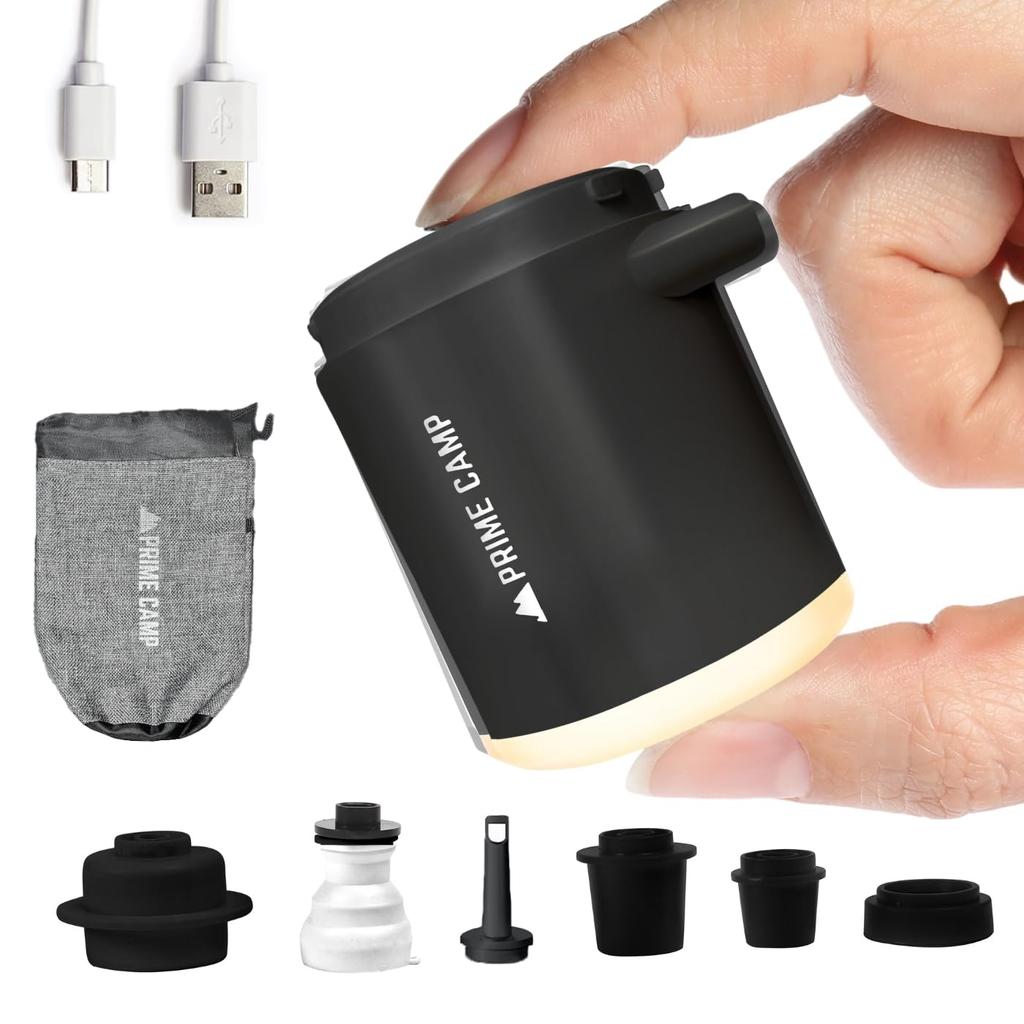 Prime Camp Luftpumpe, elektrische Luftpumpe, ultraleicht, leistungsstarke Düsen, Lichter, Luftpumpe, 1380 mAh, große Kapazität, per USB wiederaufladbar, Entlüftungs-Inflator