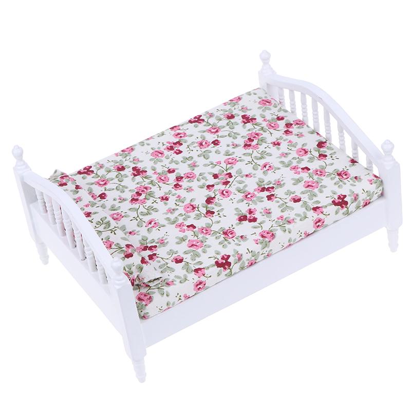 Dollhouse Miniature Black Bed with White Mattress Pillow Small Childs 1:12 Scale Furniture
