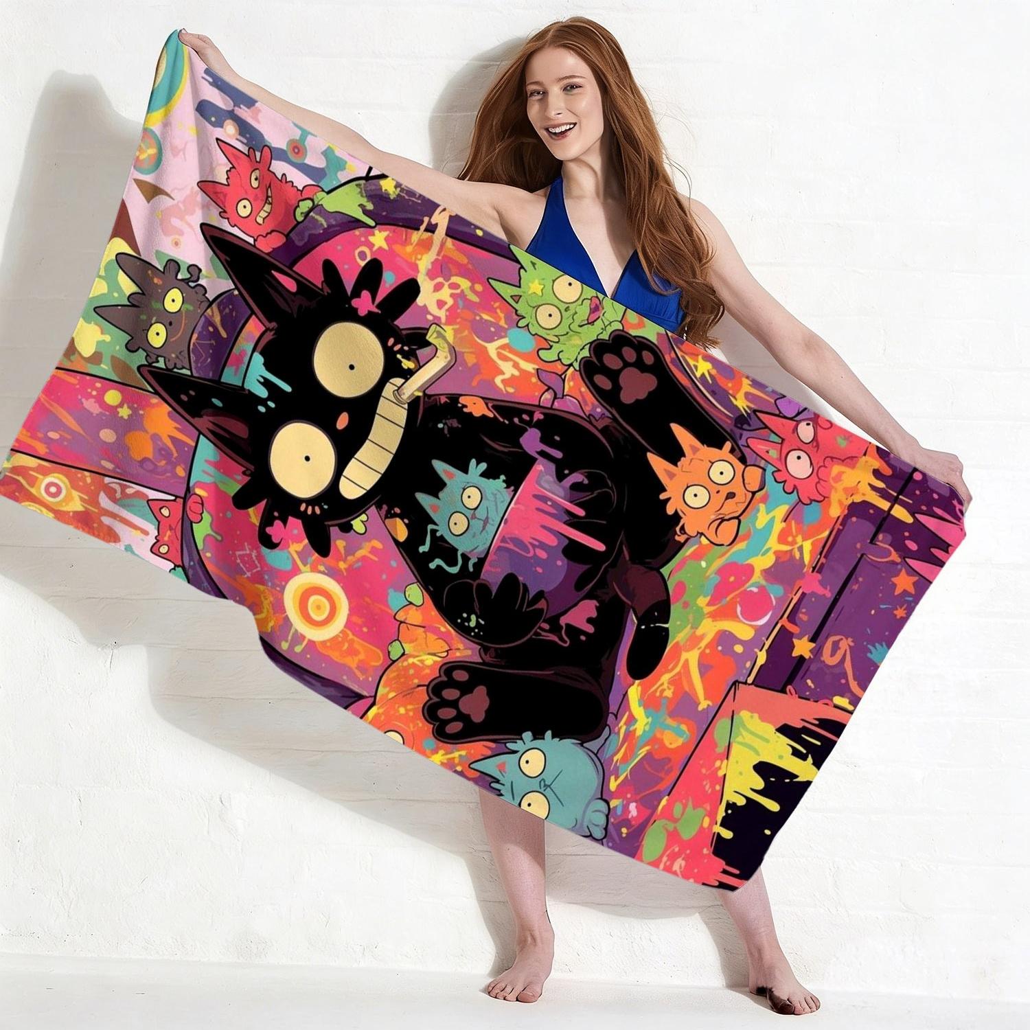 Colorful Cartoon Black Cat Splatter Print Beach Towel Quick Dry Microfiber Sand Free Absorbent Washable for Summer Pool Travel W30*H60(CM)