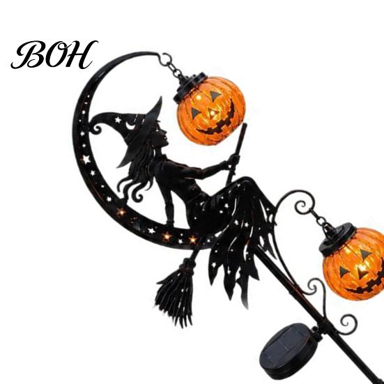 Zářivý Měsíc Halloweenské Dekorace Solární Zahradní Kolík Světlo, Čarodějnice Dýňová Lucerna, Kovové Kolíky pro Podzim IP44 Vodotěsná Venkovní Dekorace Cesta Zahrada