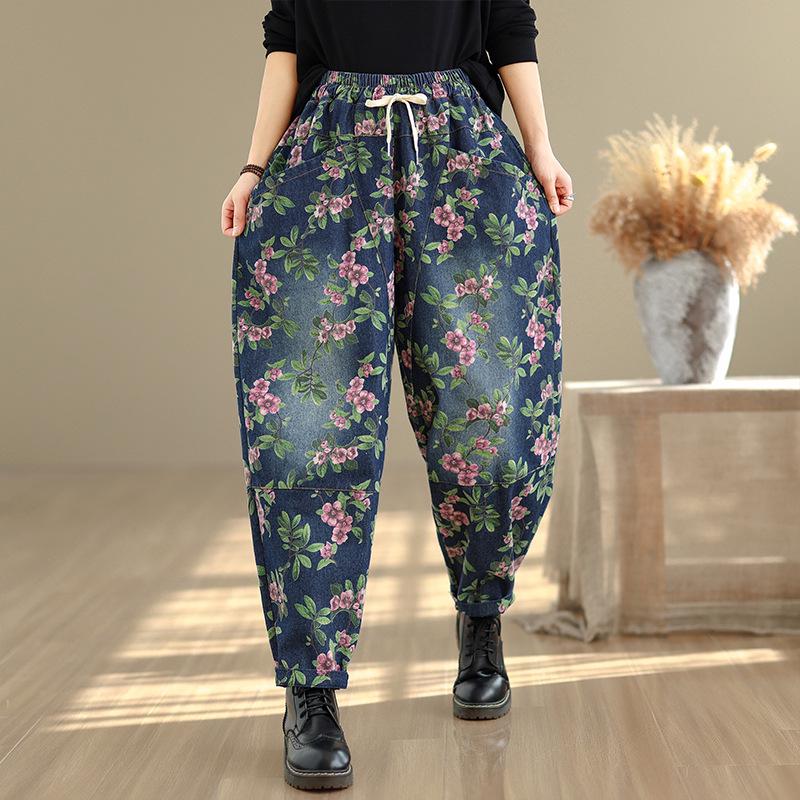 New Plus Size Retro Artistic Loose High Waist Denim Harem Pants Medium